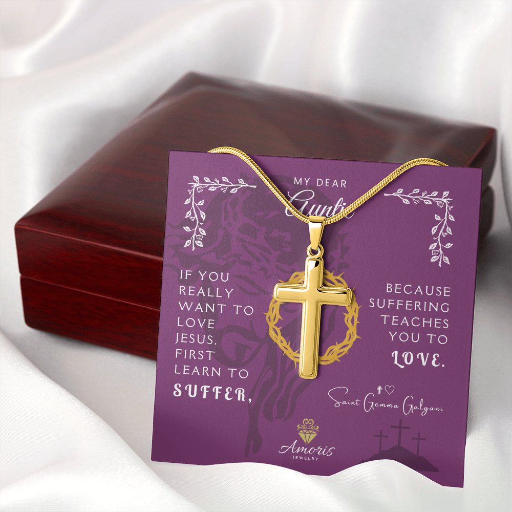 My Dear Auntie Personalized Cross Necklace with Saint Gemma Galgani Quote