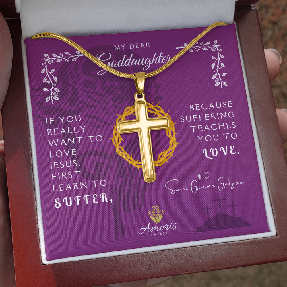 My Dear Goddaughter Personalized Cross Necklace with Saint Gemma Galgani Quote