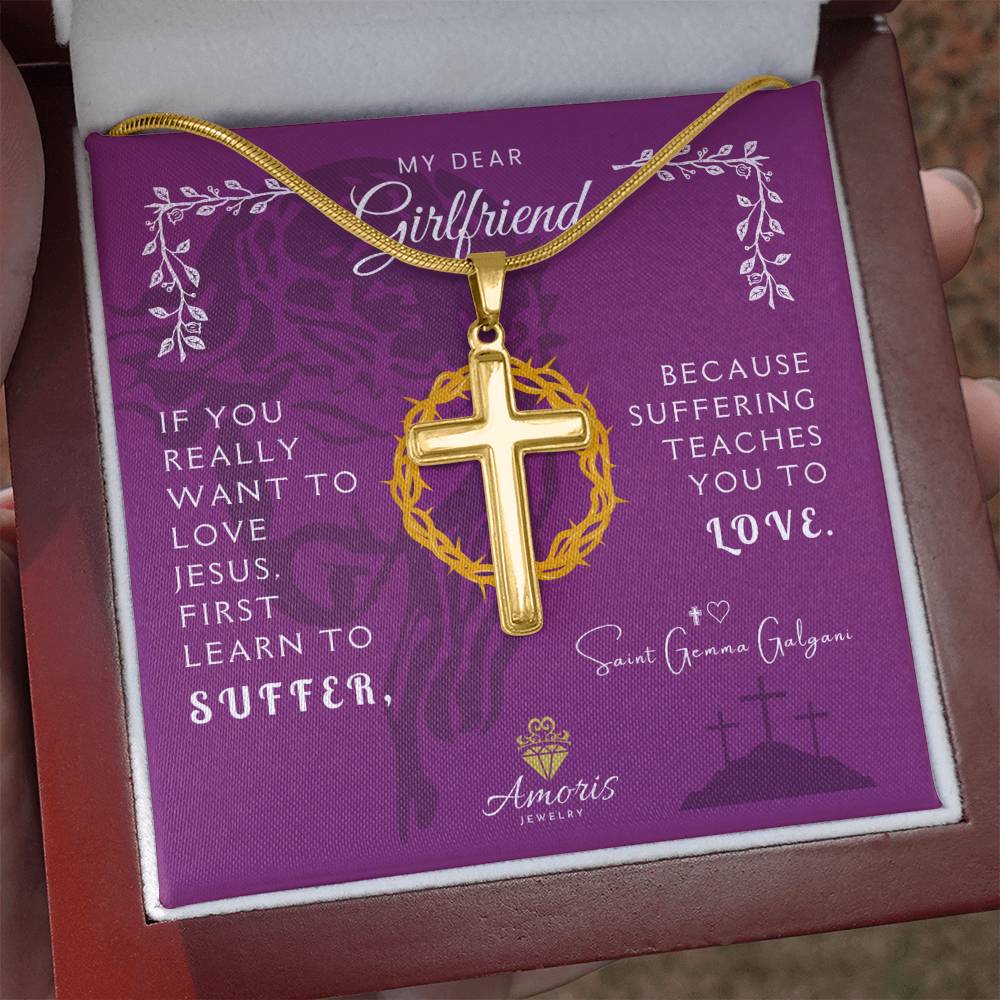 My Dear Girlfriend Personalized Cross Necklace with Saint Gemma Galgani Quote