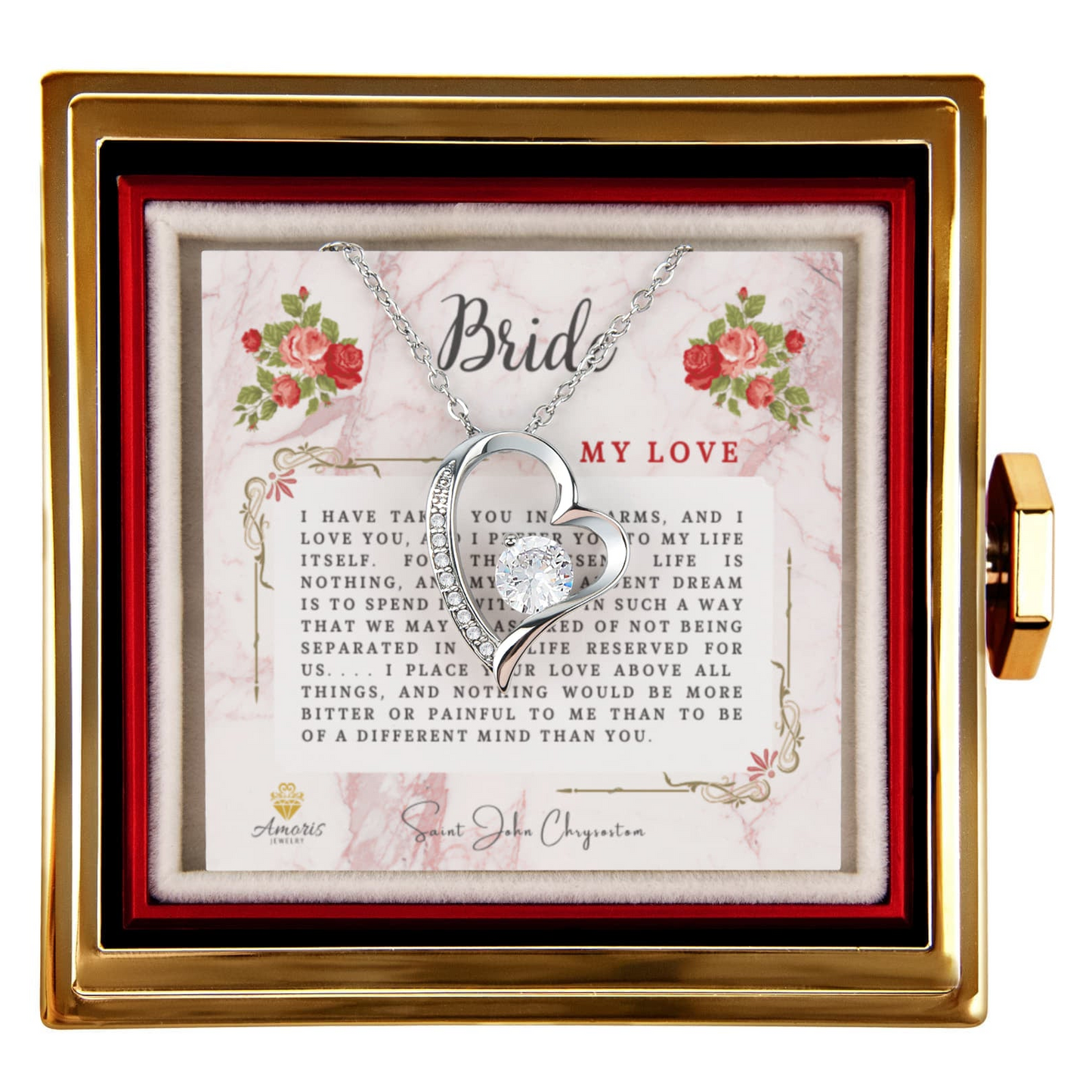 Bride My Love Heart Necklace with Eternal Rose and Saint John Chrysostom Quote
