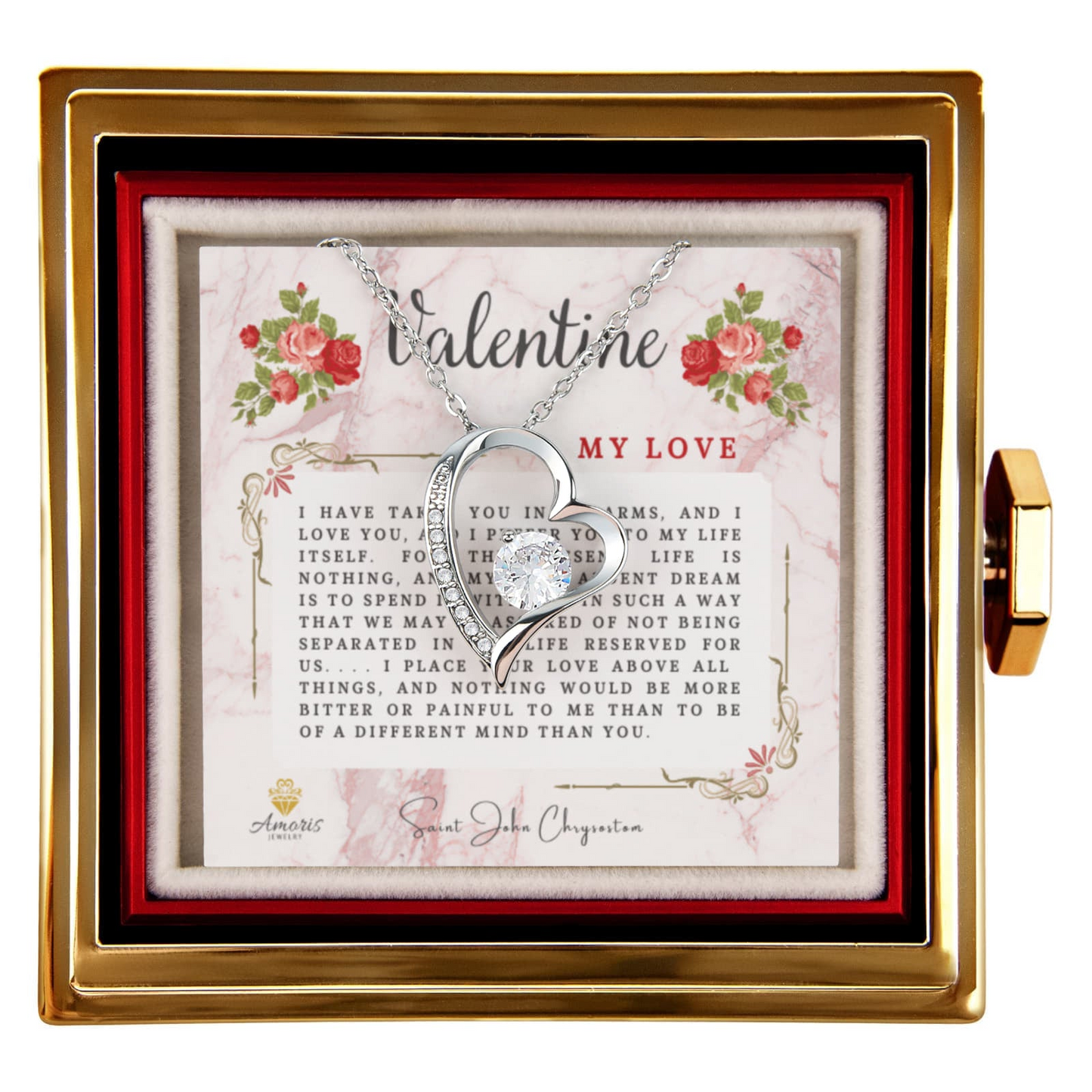 Valentine My Love Heart Necklace with Eternal Rose and Saint John Chrysostom Quote