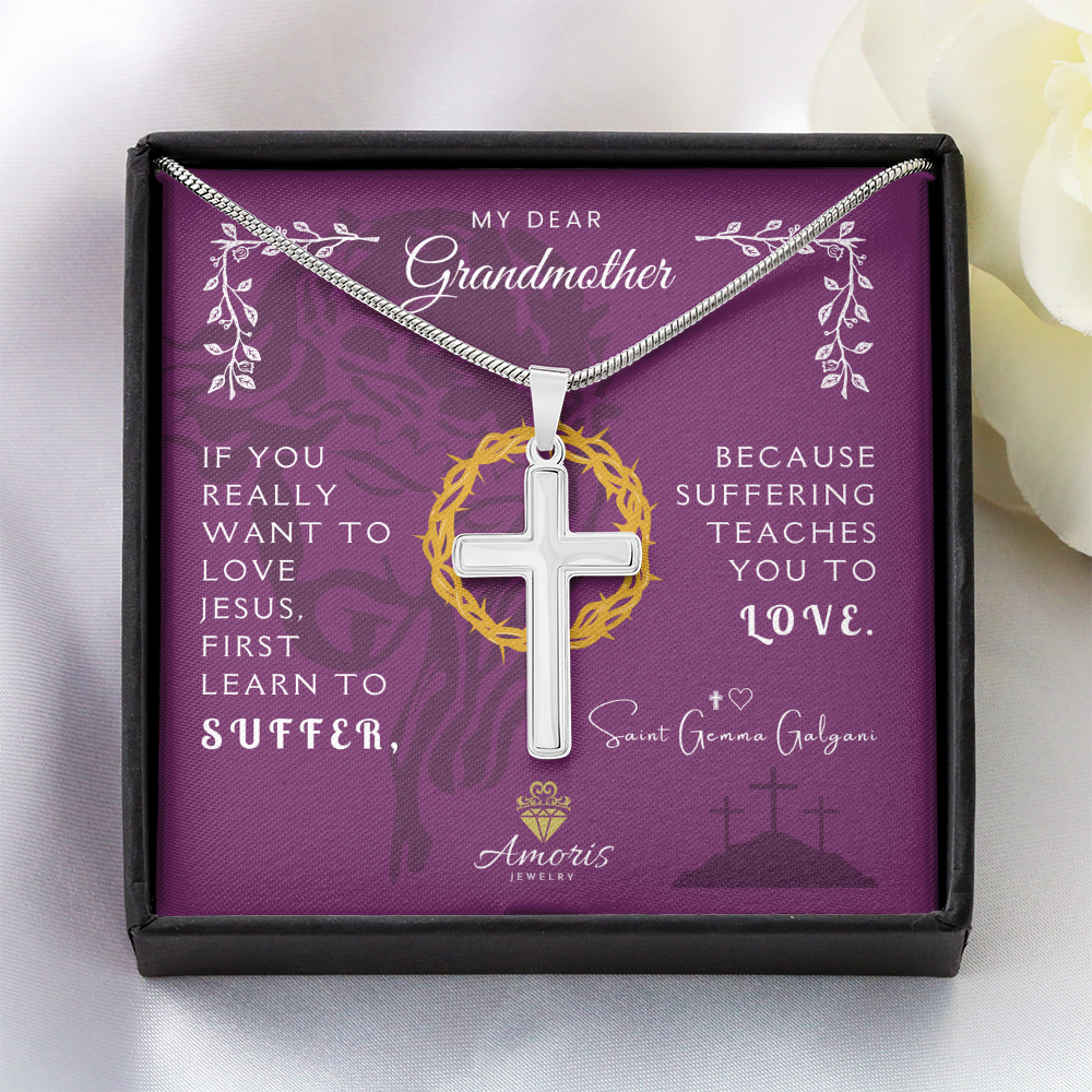 My Dear Grandmother Artisan Cross Necklace with Saint Gemma Galgani Quote