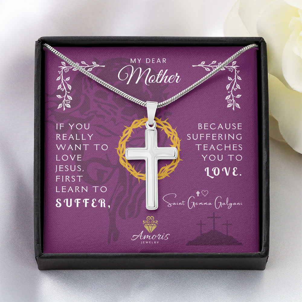 My Dear Mother Artisan Cross Necklace with Saint Gemma Galgani Quote