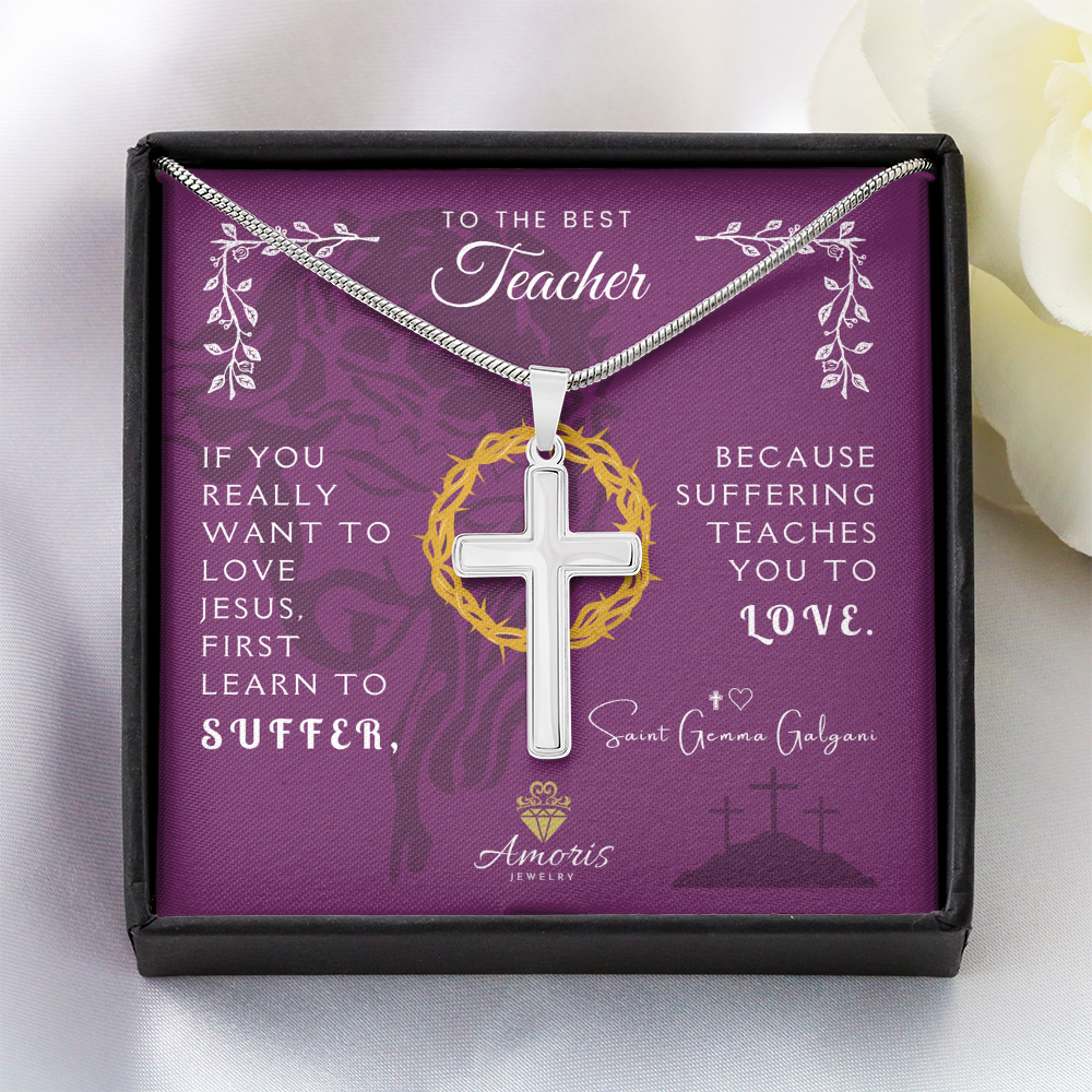 To the Best Teacher Artisan Cross Necklace with Saint Gemma Galgani Quote