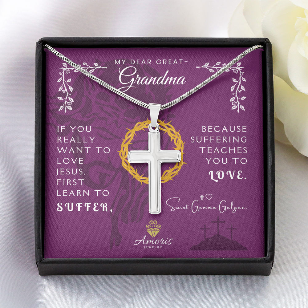My Dear Great-Grandma Artisan Cross Necklace with Saint Gemma Galgani Quote