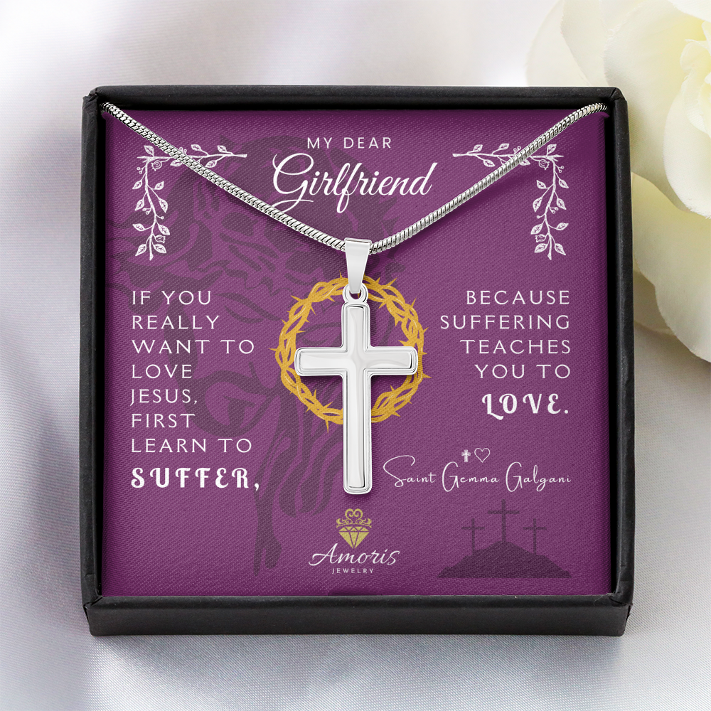 My Dear Girlfriend Artisan Cross Necklace with Saint Gemma Galgani Quote