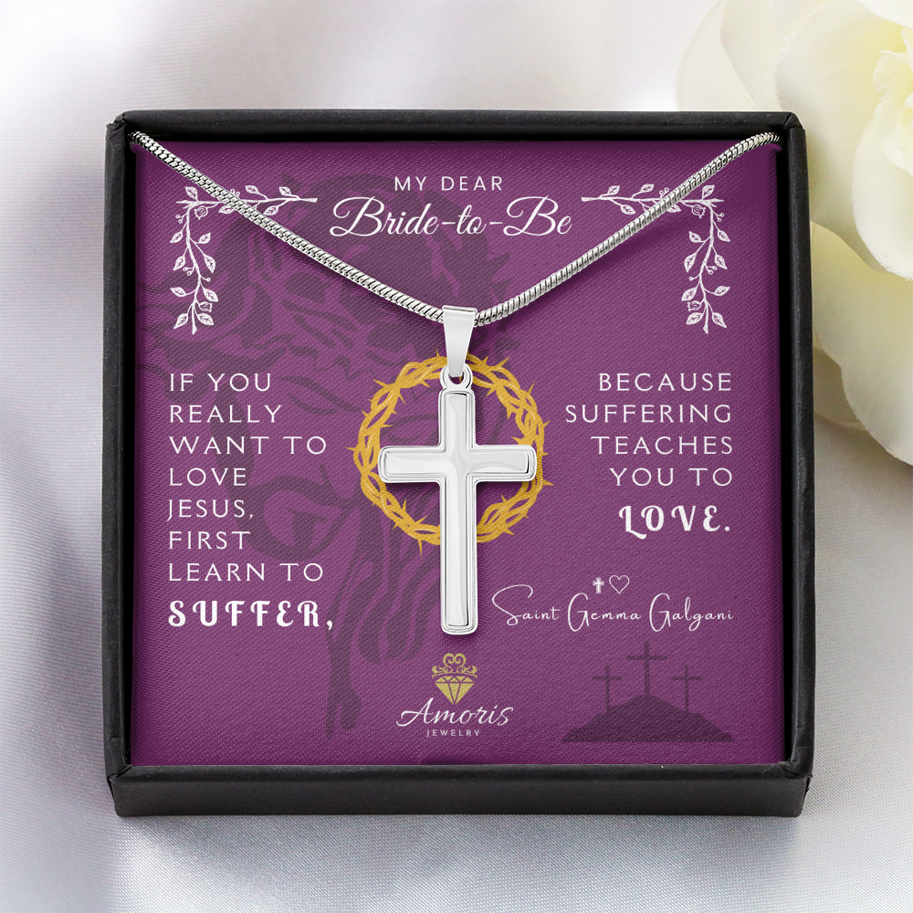 My Dear Bride-to-Be Artisan Cross Necklace with Saint Gemma Galgani Quote