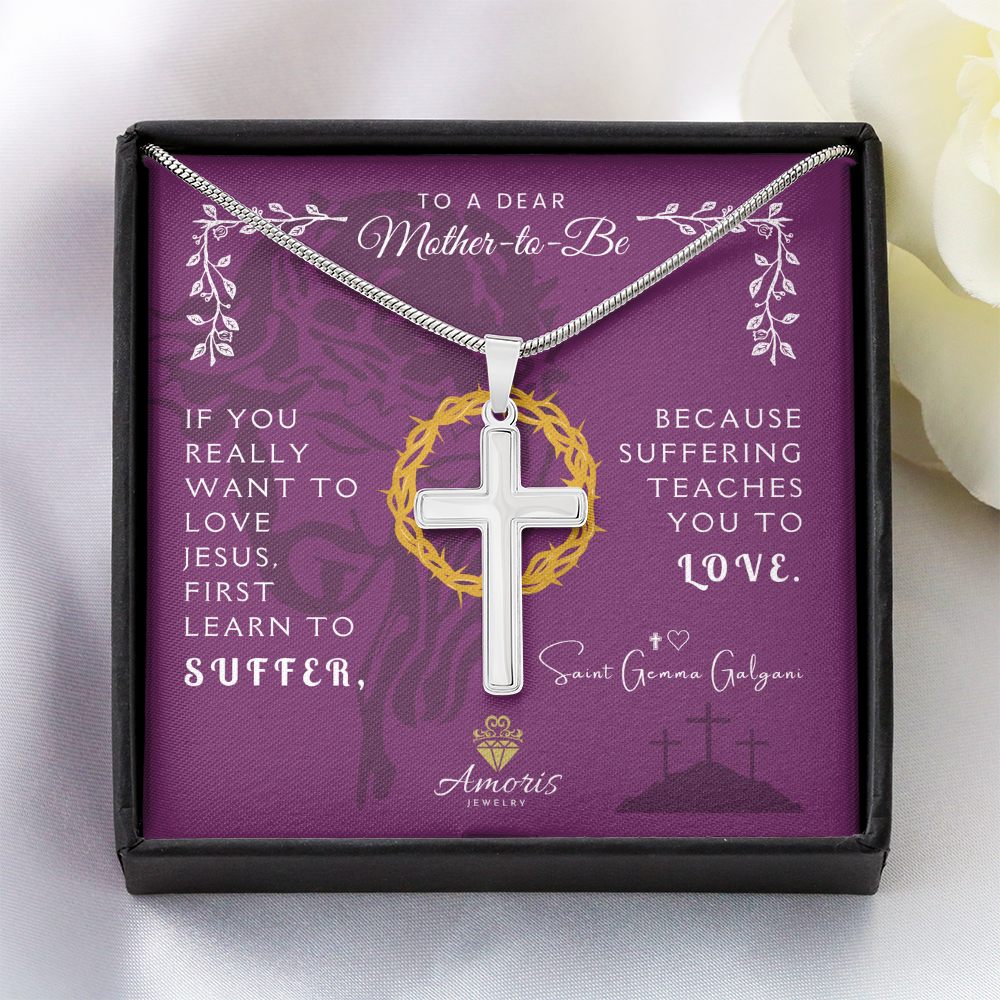 To a Dear Mother-to-Be Artisan Cross Necklace with Saint Gemma Galgani Quote