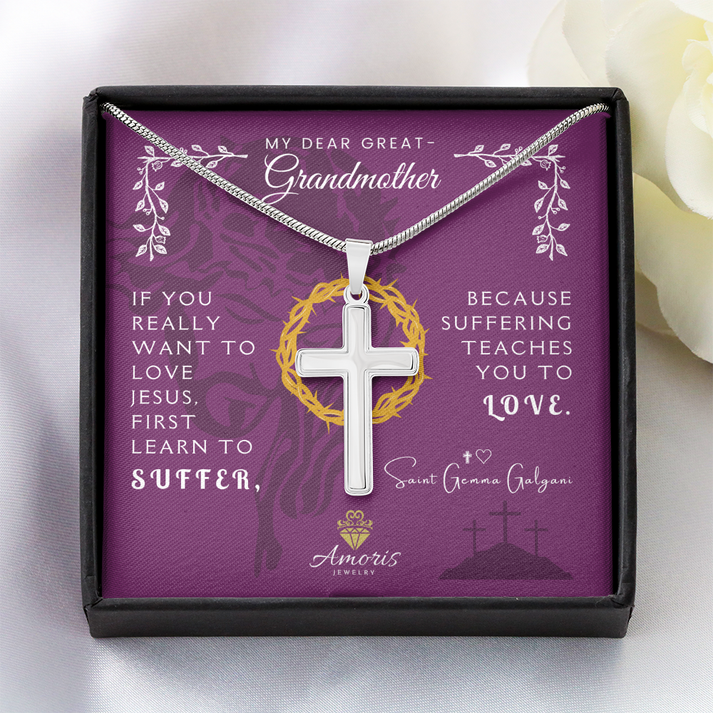 My Dear Great-Grandmother Artisan Cross Necklace with Saint Gemma Galgani Quote