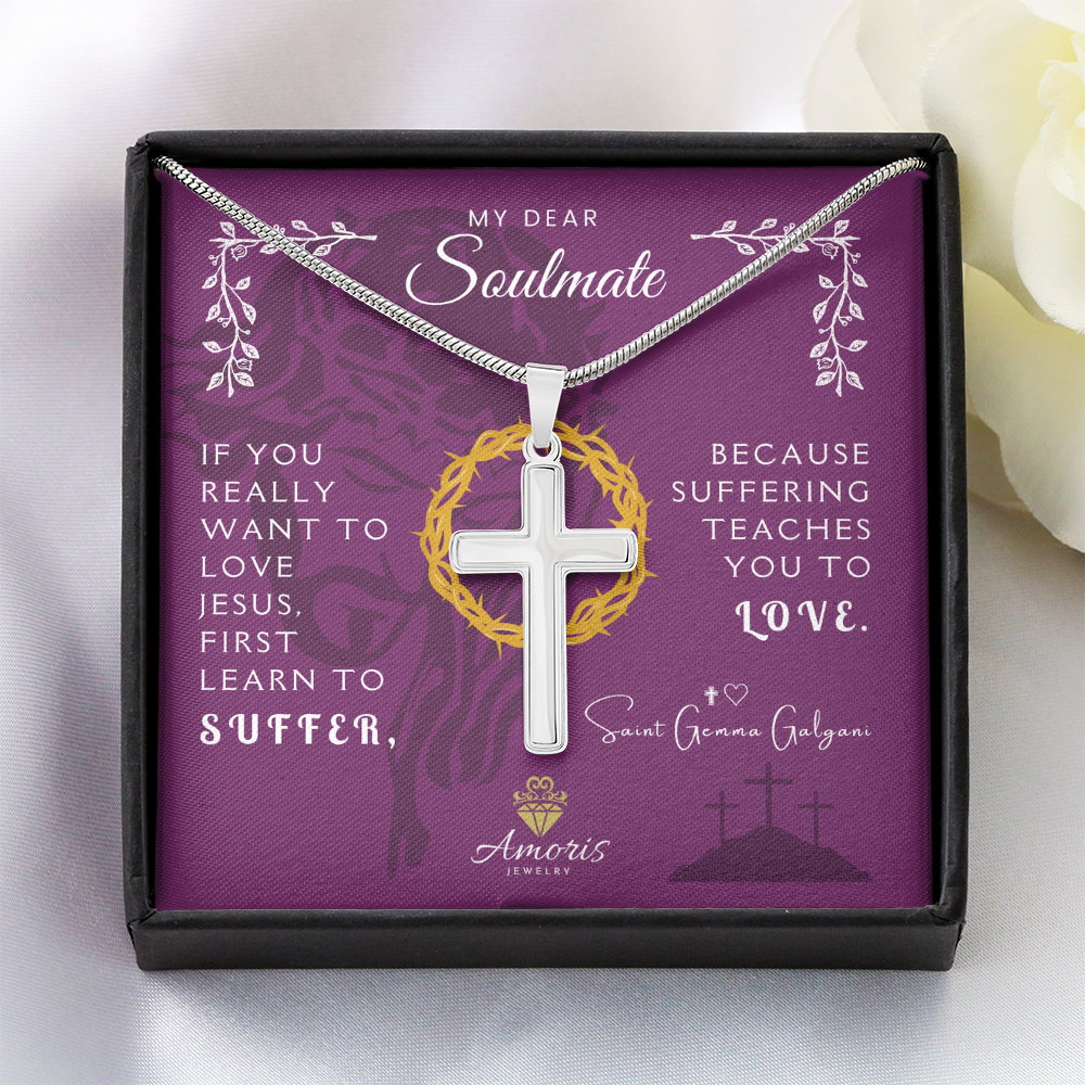 My Dear Soulmate Artisan Cross Necklace with Saint Gemma Galgani Quote