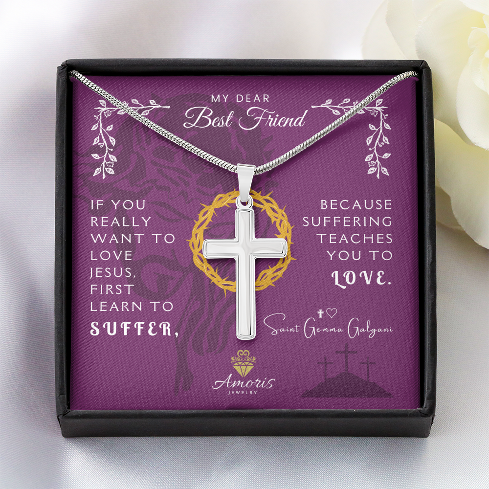 My Dear Best Friend Artisan Cross Necklace with Saint Gemma Galgani Quote