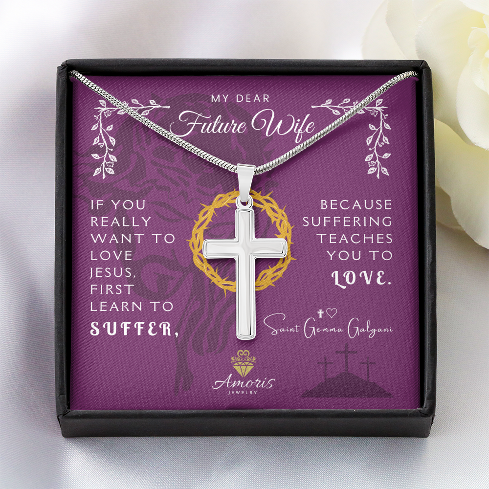 My Dear Future Wife Artisan Cross Necklace with Saint Gemma Galgani Quote