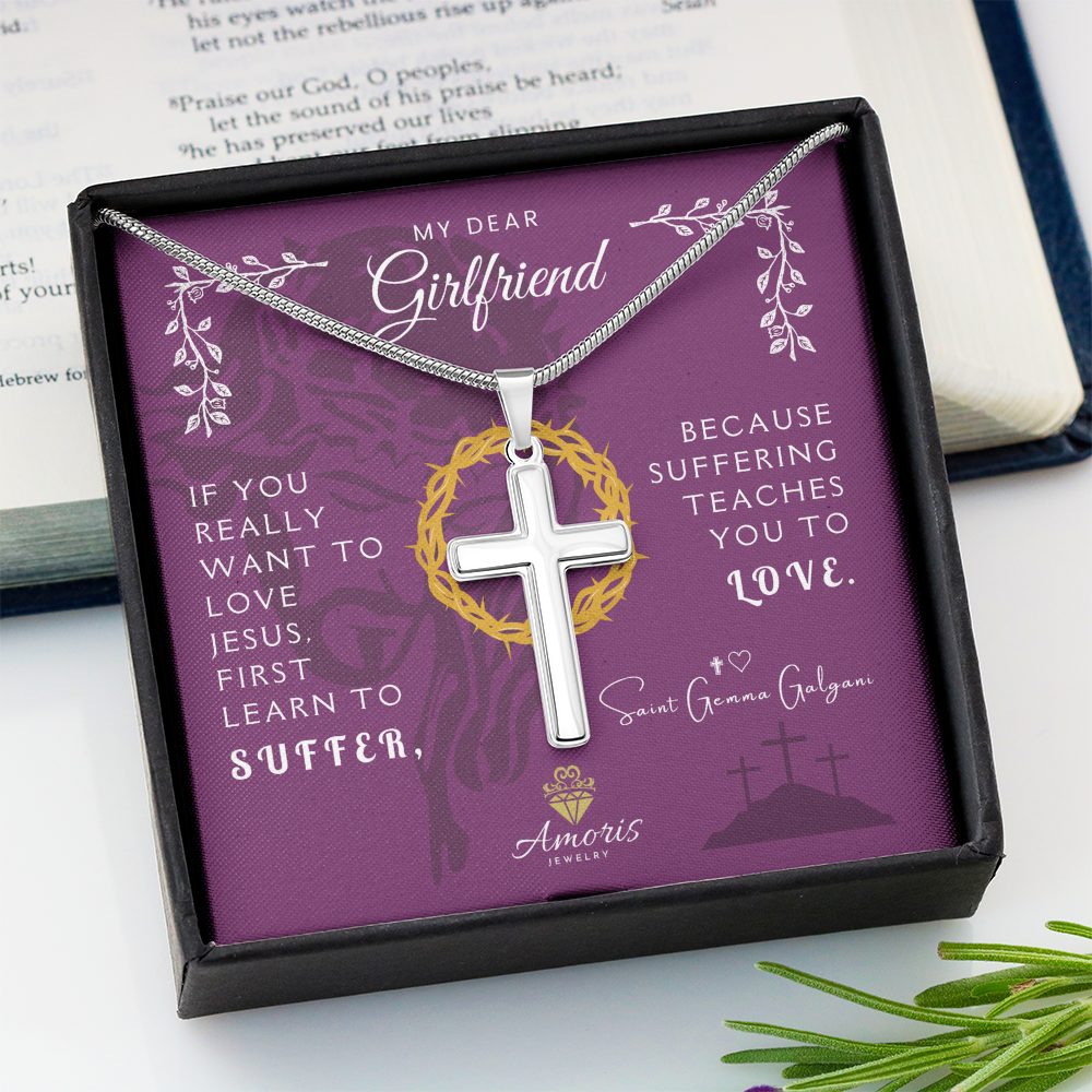 My Dear Girlfriend Artisan Cross Necklace with Saint Gemma Galgani Quote