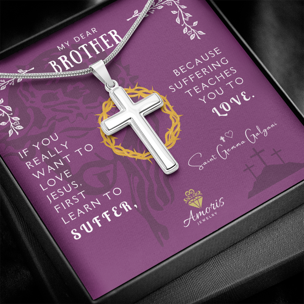 Collar de cruz artesanal "Mi querido hermano" con cita de Santa Gemma Galgani