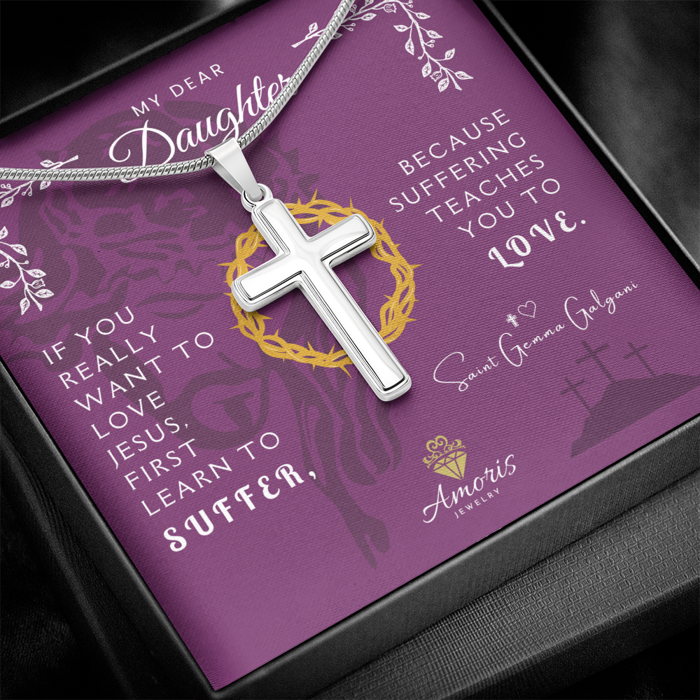Collar de cruz artesanal "Mi querida hija" con cita de Santa Gemma Galgani