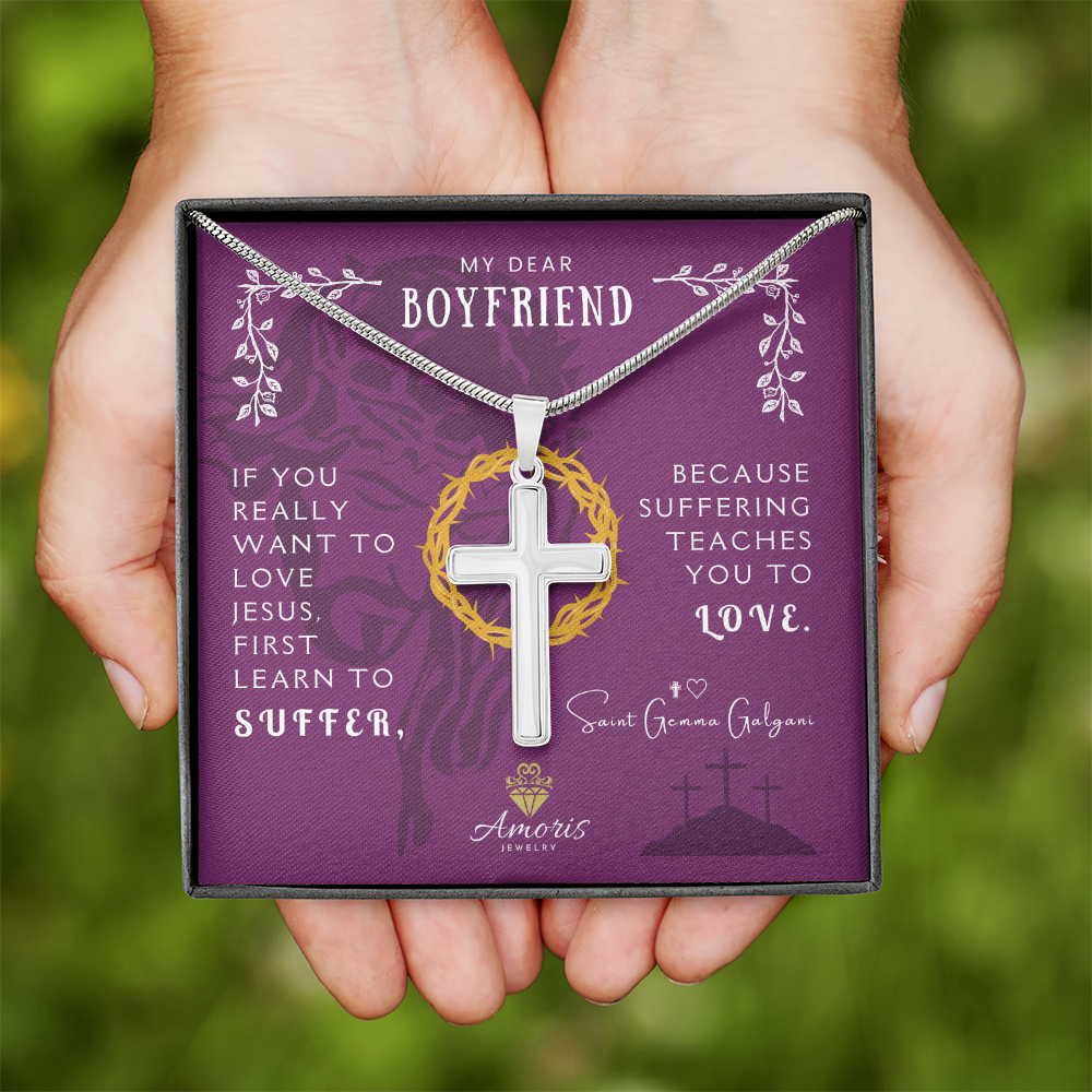 My Dear Boyfriend Artisan Cross Necklace with Saint Gemma Galgani Quote