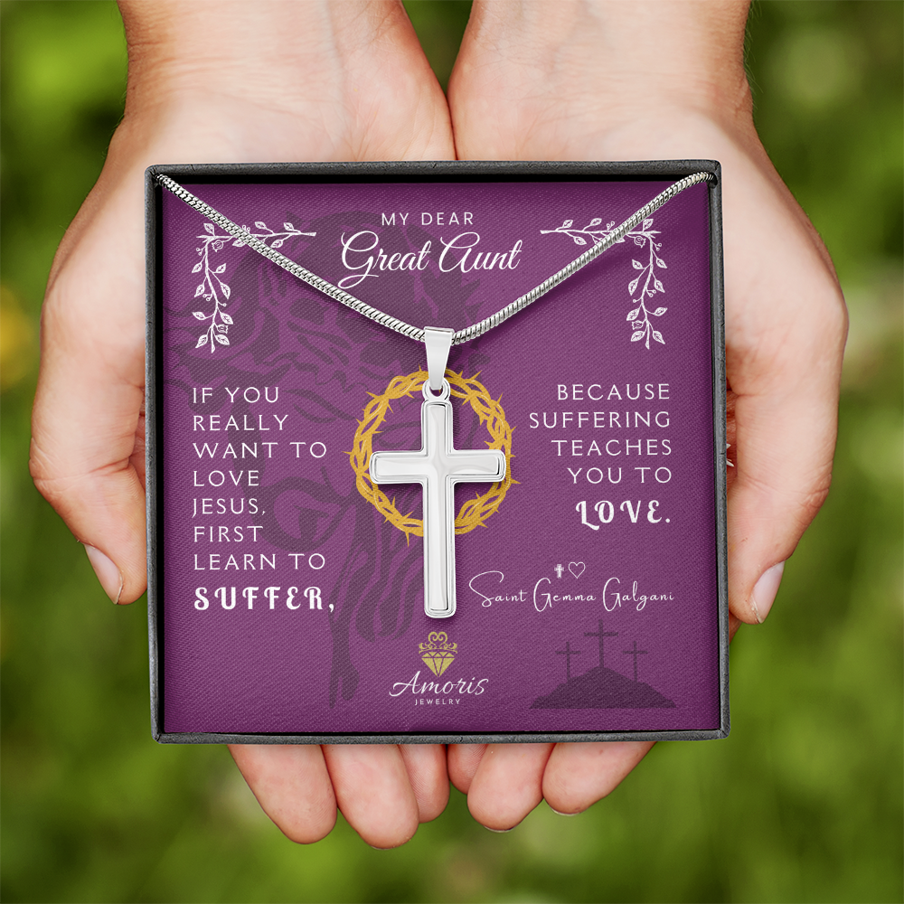 My Dear Great Aunt Artisan Cross Necklace with Saint Gemma Galgani Quote