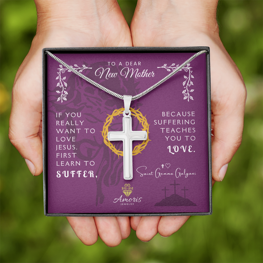 To a Dear New Mother Artisan Cross Necklace with Saint Gemma Galgani Quote
