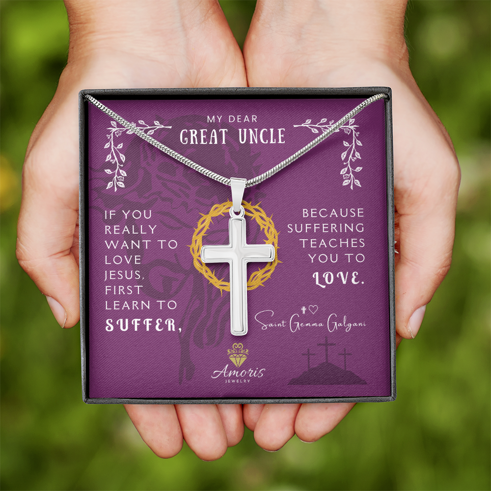 My Dear Great Uncle Artisan Cross Necklace with Saint Gemma Galgani Quote