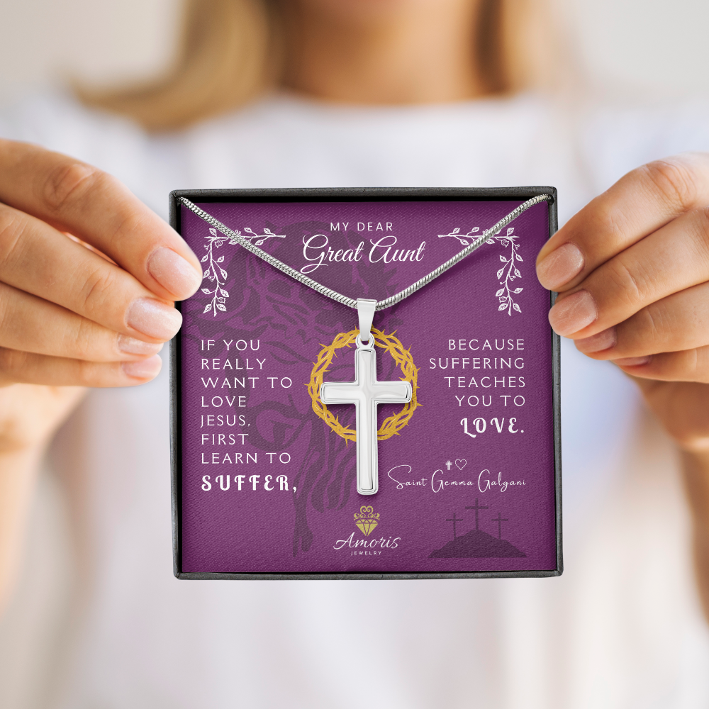My Dear Great Aunt Artisan Cross Necklace with Saint Gemma Galgani Quote