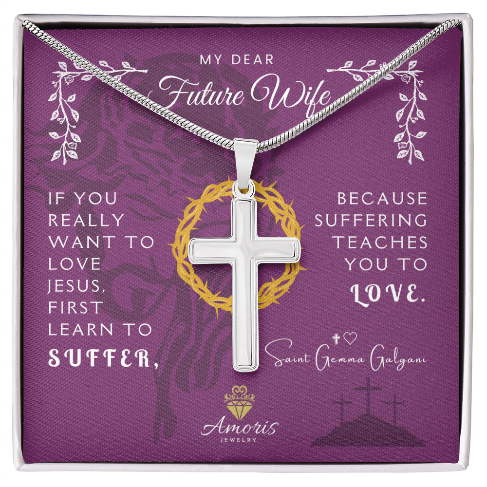 My Dear Future Wife Artisan Cross Necklace with Saint Gemma Galgani Quote