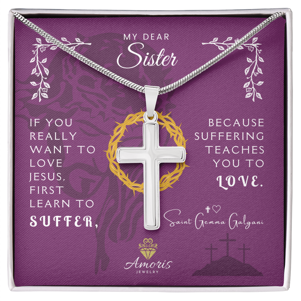 My Dear Sister Artisan Cross Necklace with Saint Gemma Galgani Quote