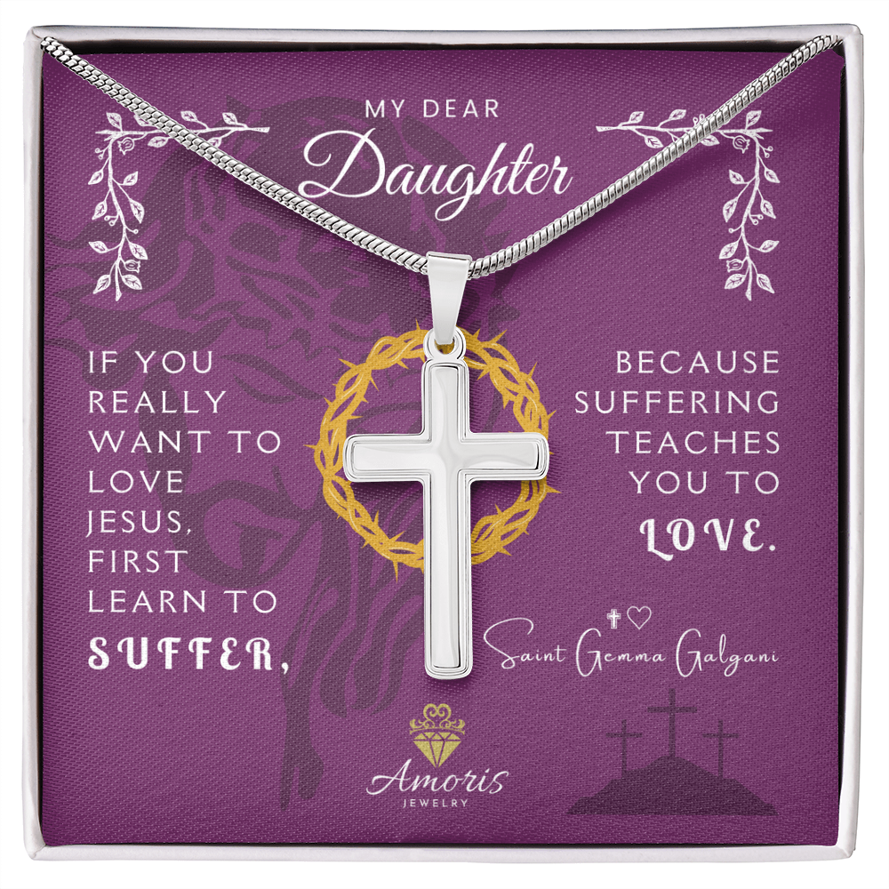 Collar de cruz artesanal "Mi querida hija" con cita de Santa Gemma Galgani