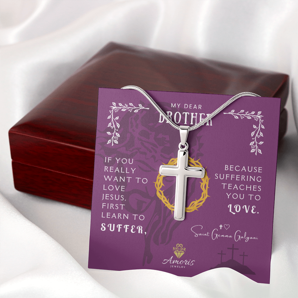 Collar de cruz artesanal "Mi querido hermano" con cita de Santa Gemma Galgani