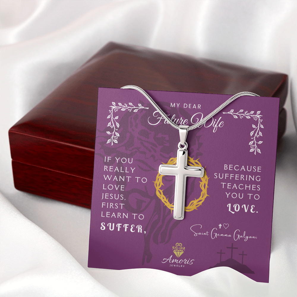 My Dear Future Wife Artisan Cross Necklace with Saint Gemma Galgani Quote