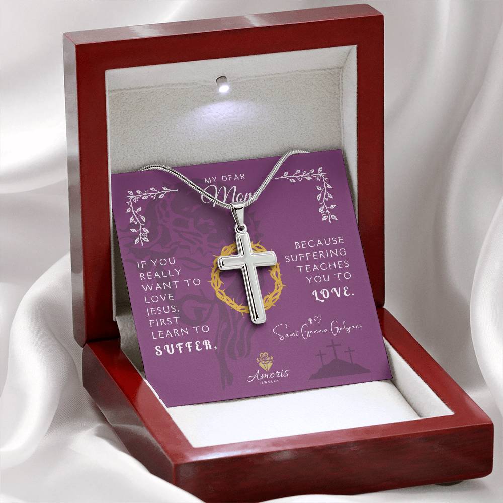 My Dear Mom Artisan Cross Necklace with Saint Gemma Galgani Quote