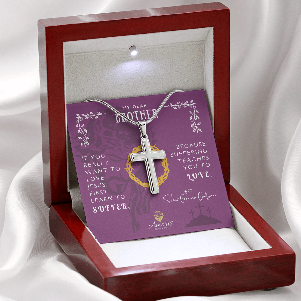 Collar de cruz artesanal "Mi querido hermano" con cita de Santa Gemma Galgani