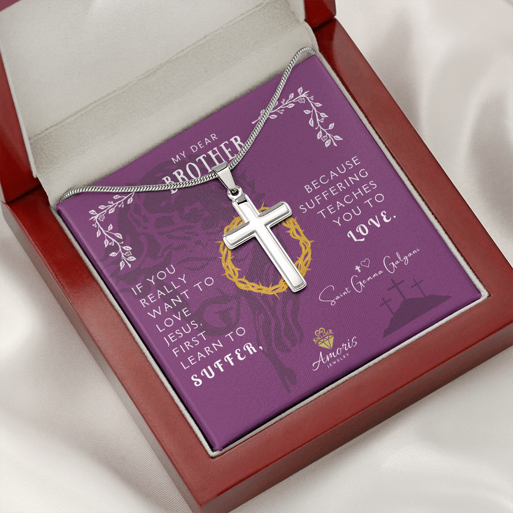 Collar de cruz artesanal "Mi querido hermano" con cita de Santa Gemma Galgani