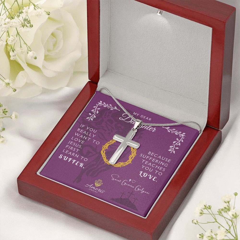 Collar de cruz artesanal "Mi querida hija" con cita de Santa Gemma Galgani