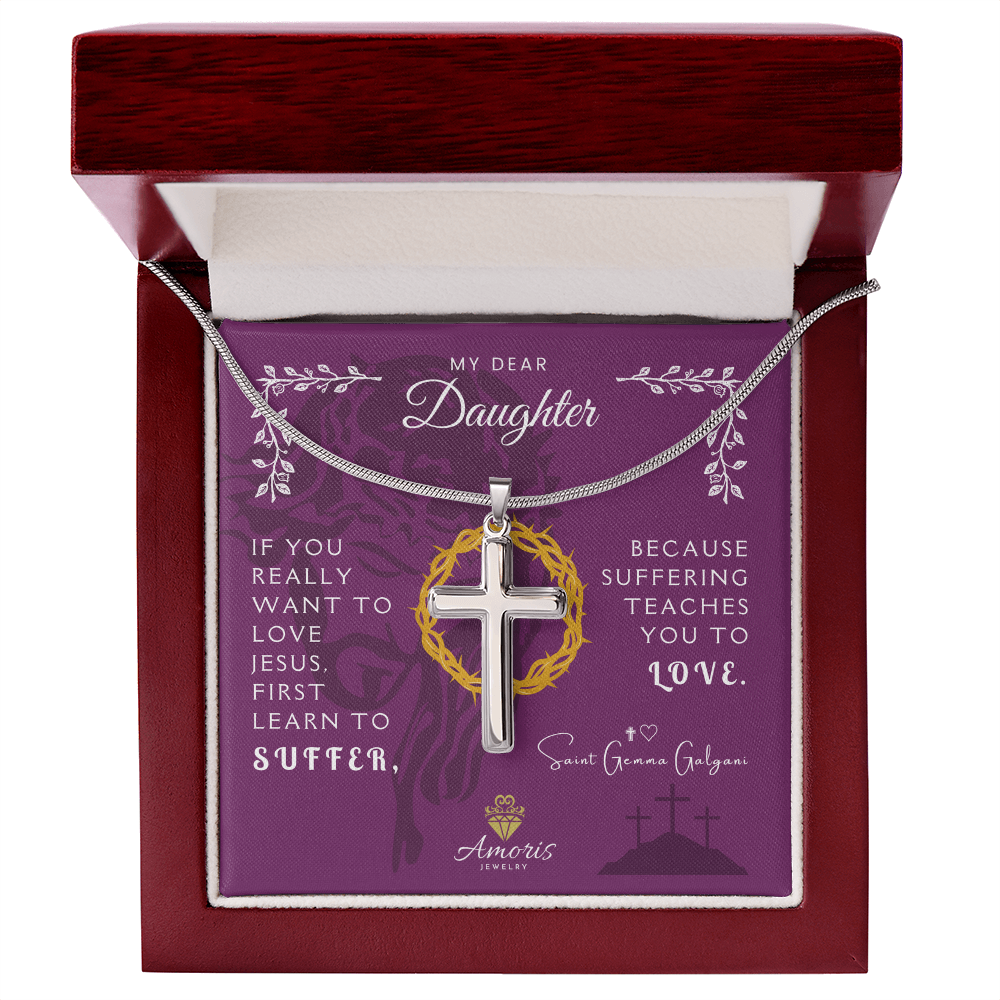 Collar de cruz artesanal "Mi querida hija" con cita de Santa Gemma Galgani