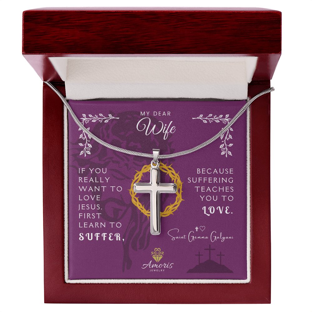 My Dear Wife Artisan Cross Necklace with Saint Gemma Galgani Quote