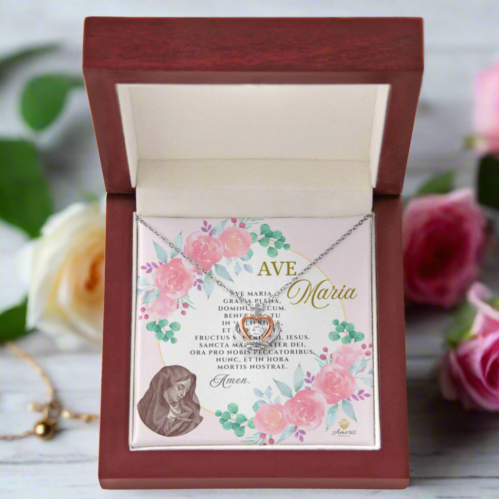 Ave Maria Crown Pendant Necklace in Sterling Silver with LATIN Prayer Card