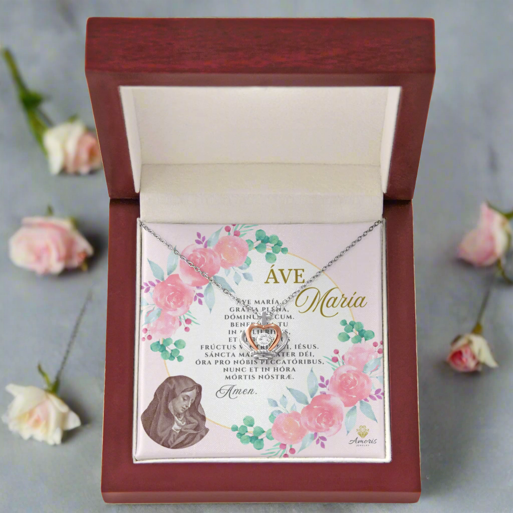 Áve María Crown Pendant Necklace in Sterling Silver with LATIN Prayer Card (with accents)