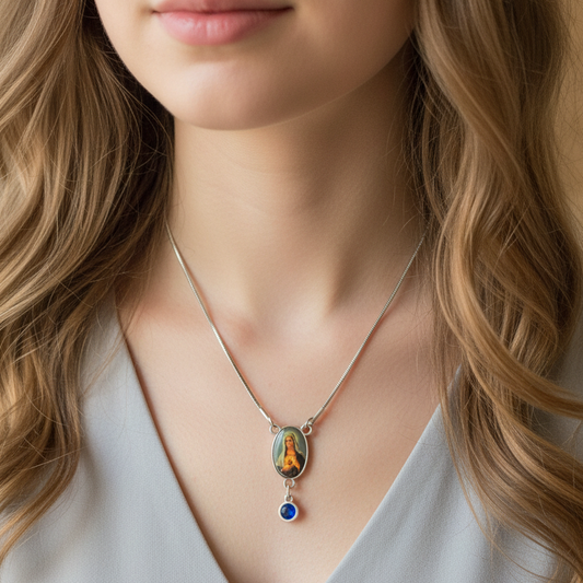 Immaculate Heart of Mary Birthstone Necklace with Marian Consecration Card in ENGLISH or SPANISH