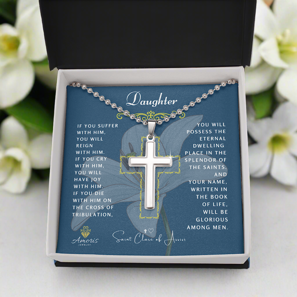Daughter Cross Necklace with Saint Clare of Assisi Quote