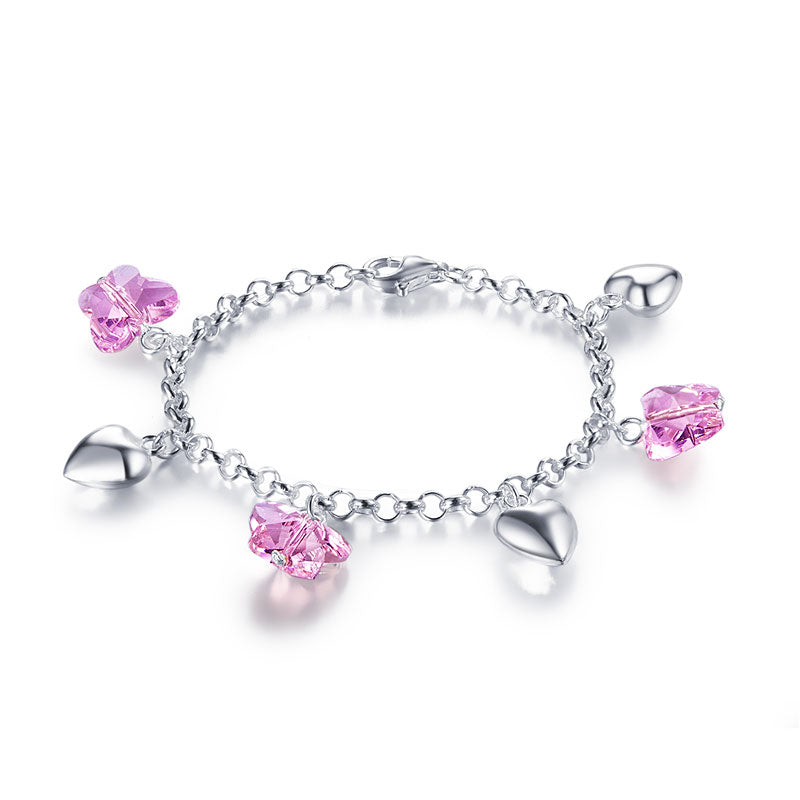 Pulsera de cadena con dije de corazón y mariposa rosa en plata de ley para niñas