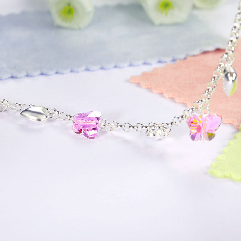 Pulsera de cadena con dije de corazón y mariposa rosa en plata de ley para niñas