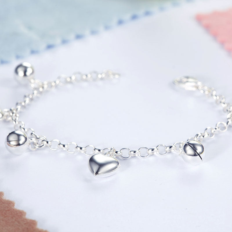 Pulsera de cadena con dije de bola de corazón en plata de ley para niñas