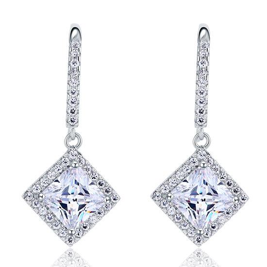 1.5 CT. Princess Halo Simulated Diamond Drop Earrings in Sterling Silver