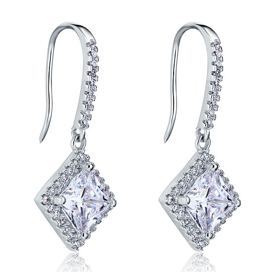 1.5 CT. Princess Halo Simulated Diamond Drop Earrings in Sterling Silver