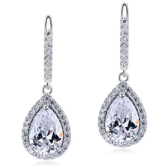 2 CT. Pear Halo Simulated Diamond Drop Earrings in Sterling Silver