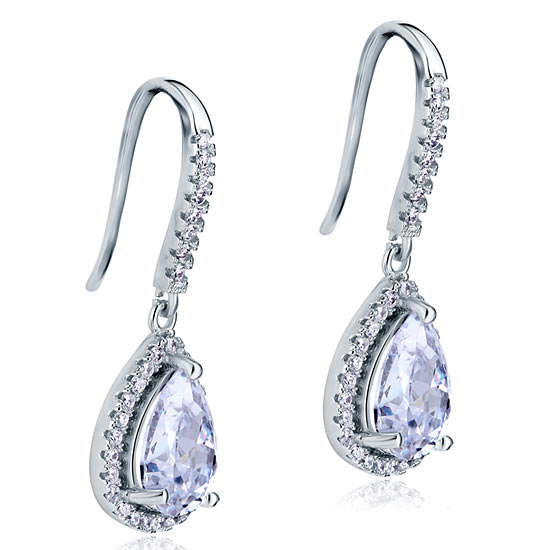 Aretes colgantes de diamantes simulados con halo de pera de 2 quilates en plata de ley