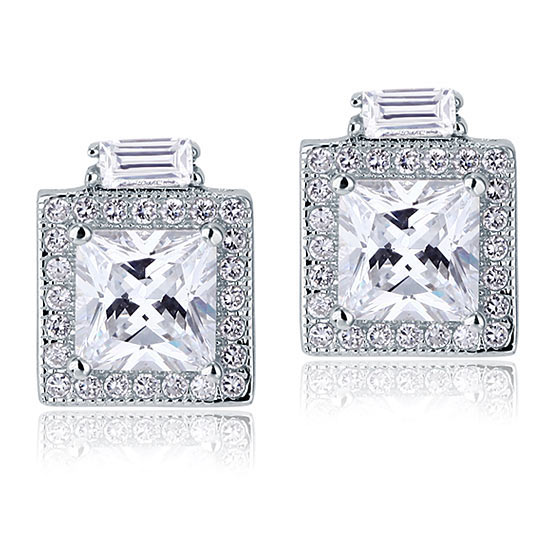 1 CT. Princess Cut Halo Simulated Diamond Stud Earrings in Sterling Silver