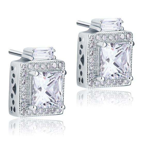 1 CT. Princess Cut Halo Simulated Diamond Stud Earrings in Sterling Silver