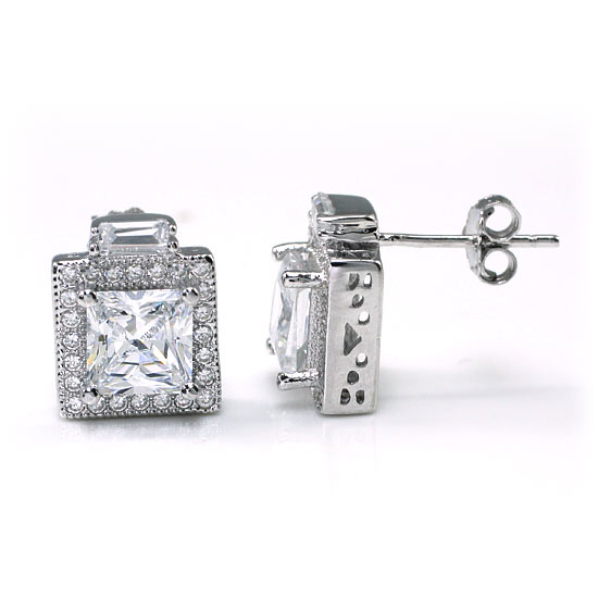 1 CT. Princess Cut Halo Simulated Diamond Stud Earrings in Sterling Silver