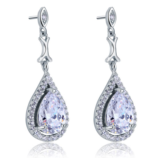 2 CT. Vintage Pear Halo Simulated Diamond Drop Earrings in Sterling Silver